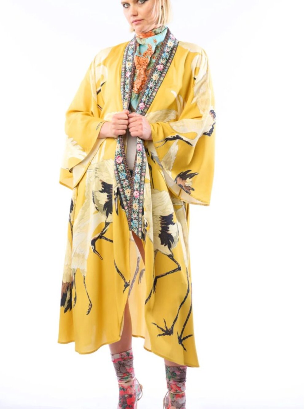 ARATTA SILENT JOURNEY STORY OF THE CRANE MUSTARD KIMONO NWT